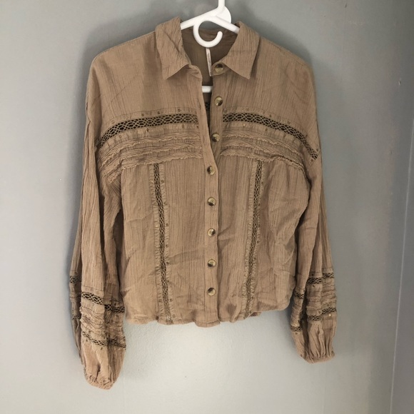 Free People Boho Button Down Long Sleeve Blouse Tan XS - Picture 2 of 9